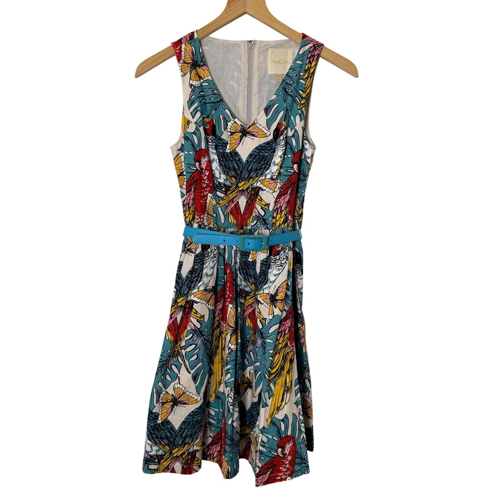 Tropical Floral Print Dress XXS Botanical Retro Belted Indie Beach Wedding Guest